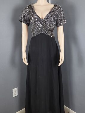 Evan Picone Black Maxi Dress with Silver Sequin Wrap Bodice